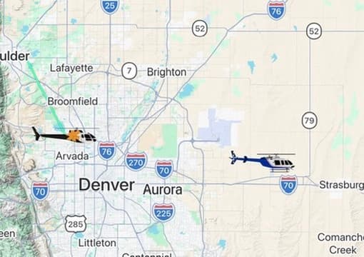 Two air ambulance helicopters in individual liveries over Denver, Colorado in the AirAssist app